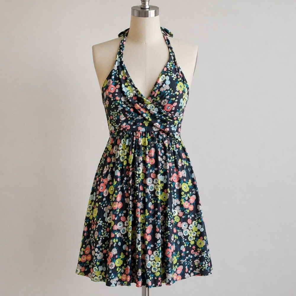 Boden Women Floral Halter Neck Jersey Dress V-Neck Multi-Color Summer Size US 6